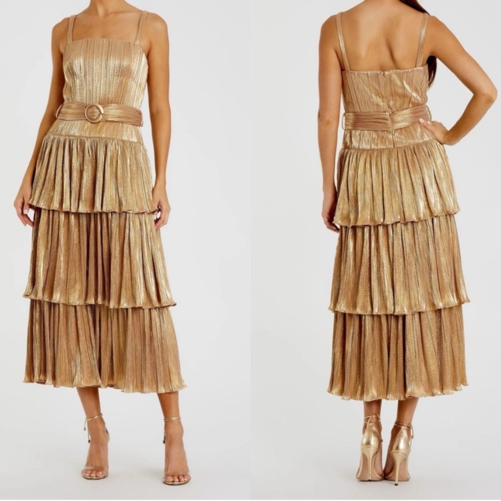 Mac Duggal Gold Metallic Tiered Midi Dress
